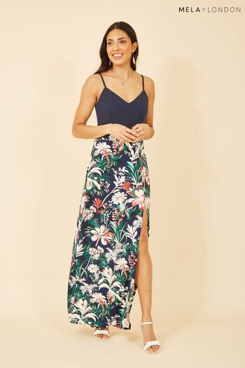 Mela Blue Multi Leaf Print Jersey Maxi Dress With Split Hem (Q22704) | £55