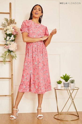 Mela Pink Floral Print Ruched Waist Midi Dress (Q22705) | £40