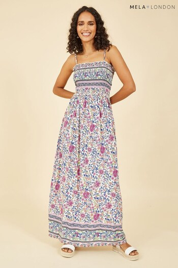Mela Pink Border Floral Print Shirred Maxi Dress (Q22710) | £40