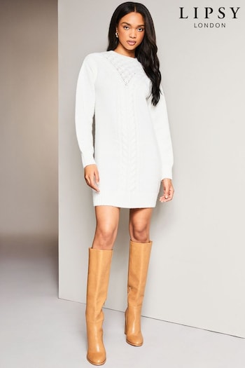 Lipsy Ivory White Petite Cosy Pointelle Crew Neck Knitted Jumper Dress (Q22719) | £52