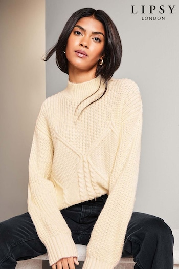 Lipsy Ivory White Petite Cosy High Neck Rib Cable Knitted Jumper (Q22724) | £42