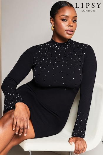 Lipsy Black Curve Long Sleeve Ombre Hot Fix Knitted Dress (Q22728) | £60