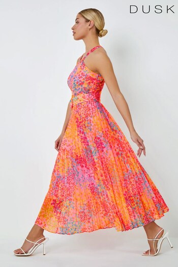 Dusk Pink & Orange Multi Spot Print Pleated Halter Neck Dress (Q22855) | £85