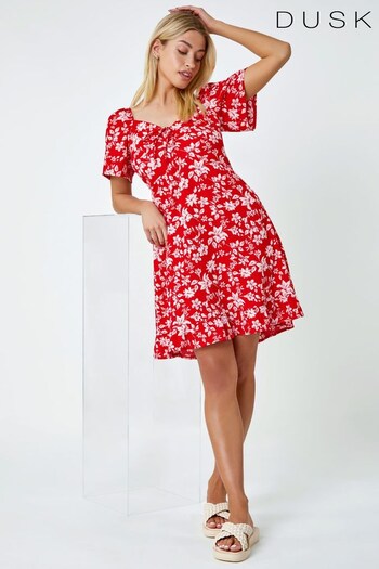 Dusk Red Floral Print Frill Hem Mini Dress (Q22856) | £48