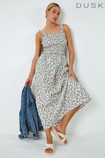 Dusk White Multi Floral Print Shirred Stretch Maxi Dress (Q22858) | £55