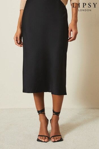 Lipsy Solid Black Satin Bias Cut Midi Skirt (Q22871) | £30