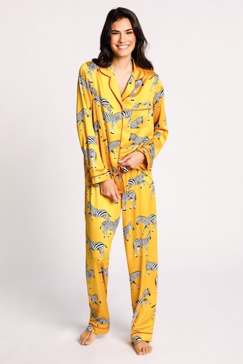 Chelsea Peers Mustard Zebra Satin Button Up Pyjama Set (Q23200) | £48