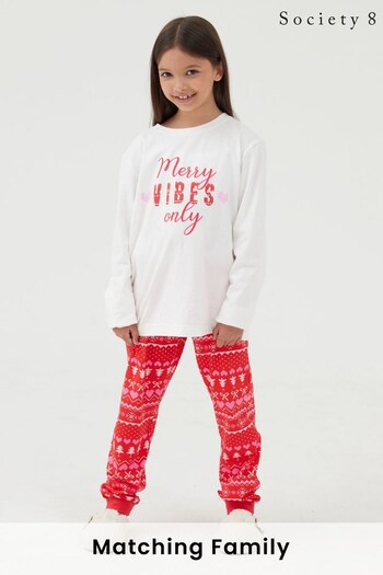 Society 8 Red & White 'Merry Vibes' Girls Matching Family Christmas Pyjama Set (Q23388) | £20