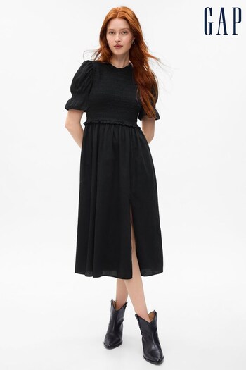 Gap Black Puff Sleeve Smocked Midi Dress (Q23397) | £70