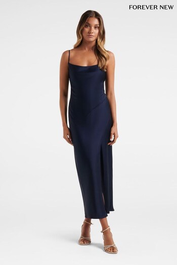 Forever New Blue Chantelle Satin Drape Midi Dress (Q23530) | £98