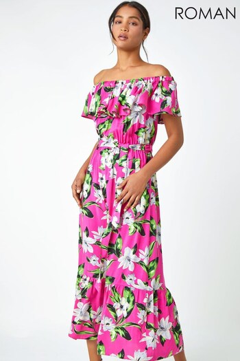 Roman Pink Multi Tropical Bardot Stretch Midi Dress (Q23768) | £42