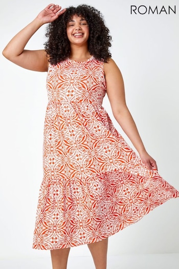 Roman Orange & White Curve Sleeveless Aztec Midi Stretch Dress (Q23775) | £36