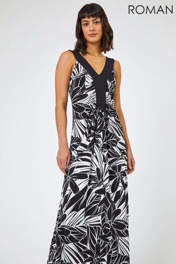 Roman Black Floral Print Contrast Band Maxi Dress (Q24089) | £42