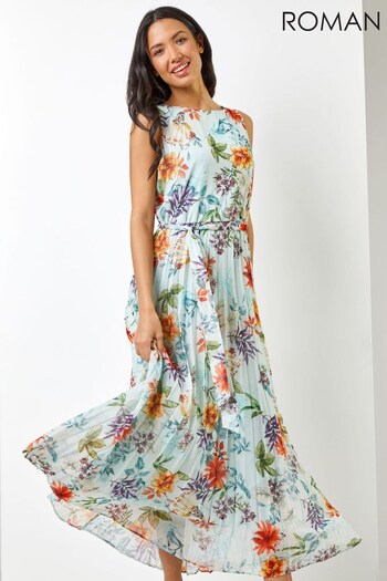 Roman Green & Orange Floral Print Pleated Maxi Dress (Q24310) | £70