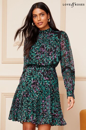 Sequin & Sparkle Green Metallic Animal Petite Printed High Neck Lace Trim Belted Skater Dress (Q24575) | £56