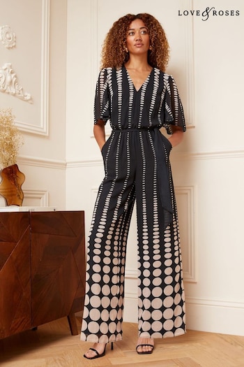 Bath Oils & Soaks Black and White Tulip Seeve V Neck Printed Wide Leg Jumpsuit (Q24608) | £74