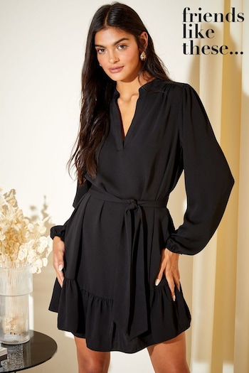 MSGM sleeveless ruffled cotton dress Black Petite V Neck Collar Tie Belt Mini Dress (Q24614) | £40