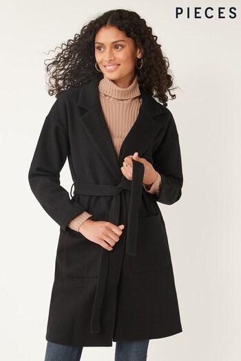 PIECES Black Tie Waist Wrap Coat (Q24738) | £45