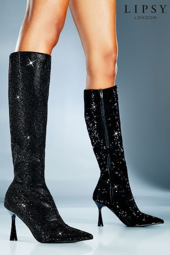 Lipsy Black Mid Heel Diamante Knee High Boot (Q24857) | £95