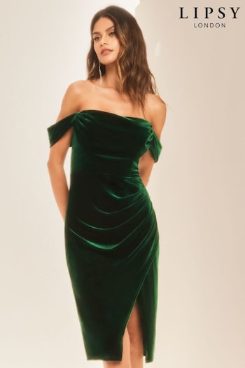 Lipsy Green Velvet Drape Bardot Split Dress (Q24940) | £82