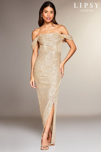 Lipsy Gold Petite Sequin Bardot Split Drape Maxi Dress (Q24941) | £105