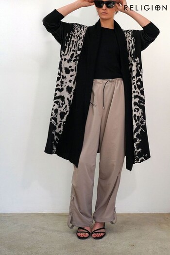Religion Brown Long Line Soft Cotton Glitch Cardigan With Animal Pattern (Q24976) | £85
