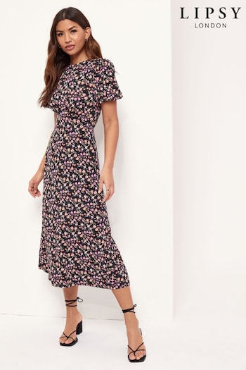 Lipsy Floral Petite Jersey PU ff Short Sleeve Underbust Summer Midi Dress (Q24985) | £46