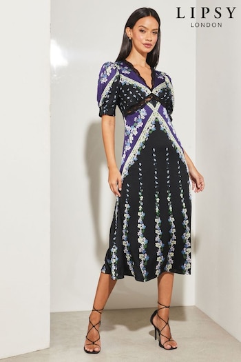 Lipsy Blue Print V Neck Short Puff Sleeve Lace Midi Dress (Q25134) | £66