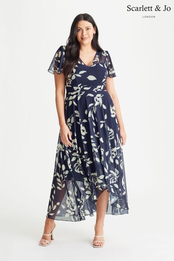 Scarlett & Jo Navy Blue & White Tilly Angel Sleeve Sweetheart Dress (Q25176) | £85