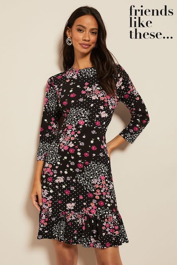 Friends Like These Black Ditsy Fit And Flare Round Neck 3/4 Sleeve Dress (Q25232) | £29