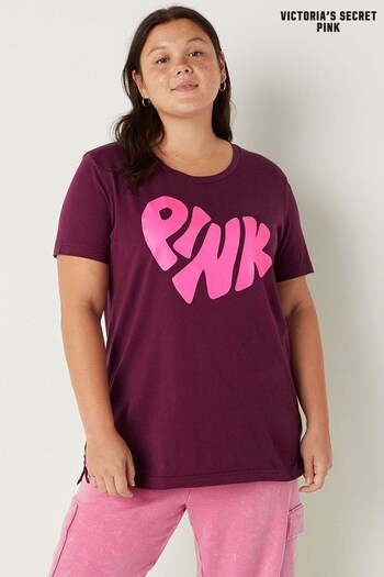Victoria's Secret PINK Rich Maroon Pink Graphic Cotton Short Sleeve Campus T-Shirt (Q25396) | £30