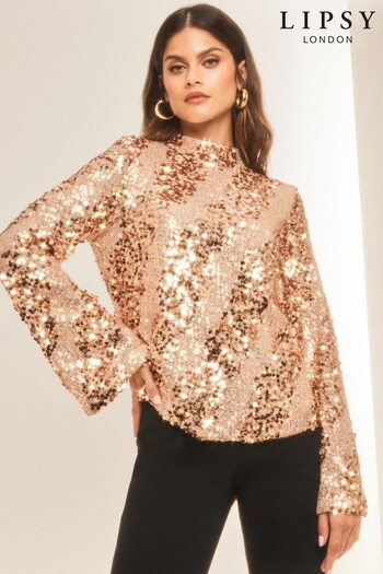 Lipsy Pink Ombre Sequin Flare Sleeve High Neck Blouse (Q26321) | £60