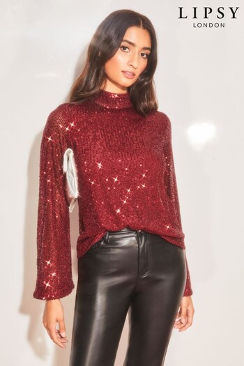 Lipsy Red Sequin Flare Sleeve High Neck Blouse (Q26323) | £45