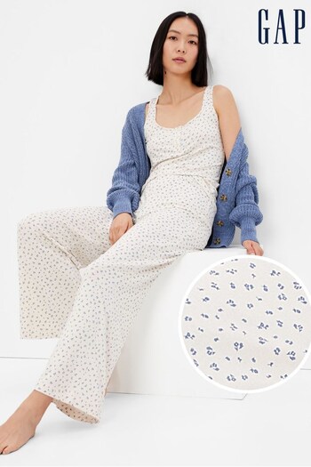 Gap Cream and Blue Floral Print Modal Supersoft Flare Pull-On Trousers (Q26422) | £35