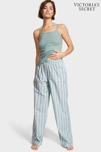 Victoria's Secret Sage Dust Green Stripe Cotton Long Pyjamas (Q26450) | £45