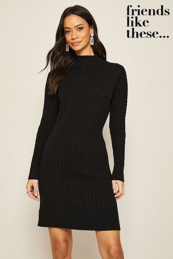 Friends Like These Black Long Sleeve Cable Jumper Dress (Q26483) | £44