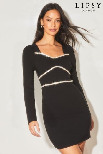 Lipsy Black Long Sleeve Diamonte Trim Mini Dress (Q26666) | £58