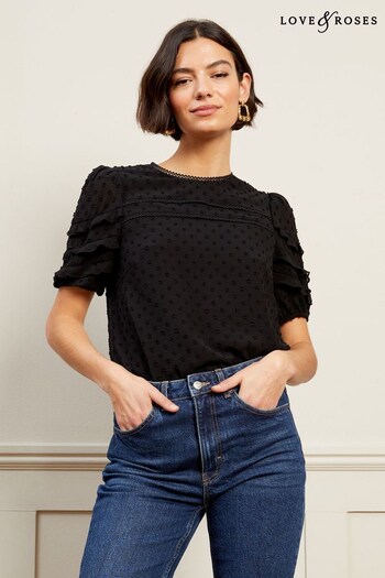 Gifts For Her Black Dobby Frill Puff Sleeve Top (Q26779) | £34