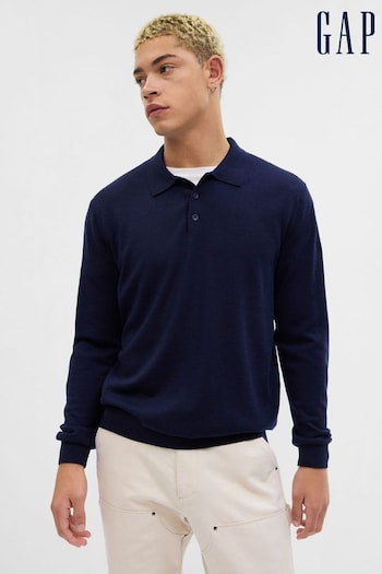 Gap Blue Merino Wool Polo Long Sleeve Shirt (Q26856) | £60