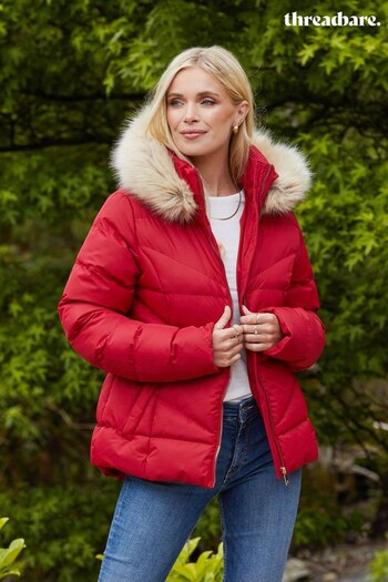 Threadbare Red Short Padded Parka Jacket With Faux Fur Trim Hood (Q27016) | £50