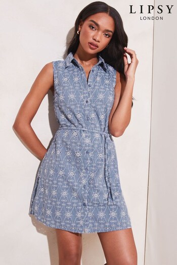 Lipsy Chambray Blue Broderie Sleeveless Tie Waist Mini Shirt Dress (Q27047) | £44