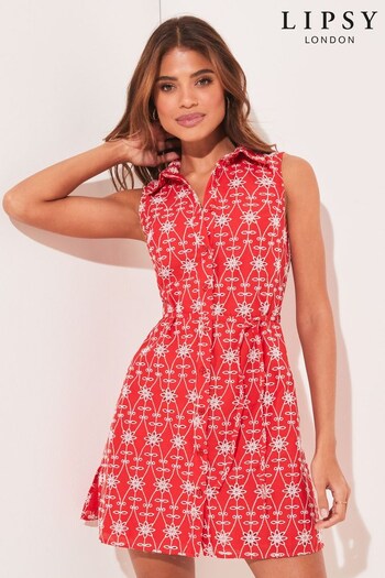 Lipsy Red Broderie Sleeveless Tie Waist Mini Moschino Shirt Dress (Q27048) | £44