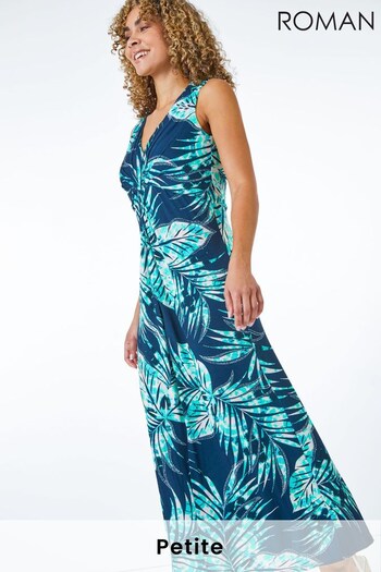 Roman Blue Petite Palm Print Twist Front Maxi Dress (Q27370) | £48