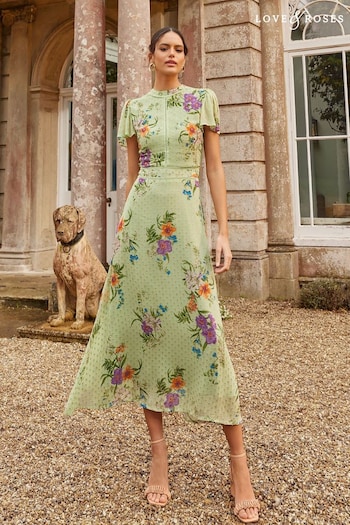 All Girls School Shoes Sage Green Floral Metallic Printed High Neck Flutter Sleeve Midi Dress (Q27470) | £68