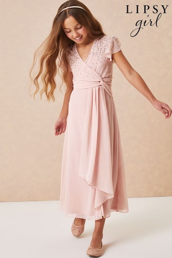 Lipsy Pink Embellished Flutter Sleeve Occasion Maxi Dress (Q27572) | £32 - £36
