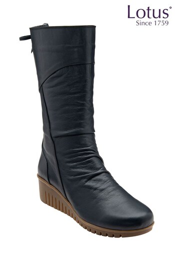 Lotus Footwear Navy Blue Leather Zip-Up Mid-Calf Boots (Q27604) | £90