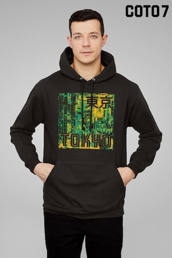 Coto7 Black Tokyo Green Yellow Abstract City Men's Hooded Sweatshirt (Q28469) | £35