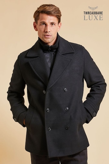 Threadbare Black Luxe Double Breasted Tailored Coat with Mock Layer (Q28494) | £100