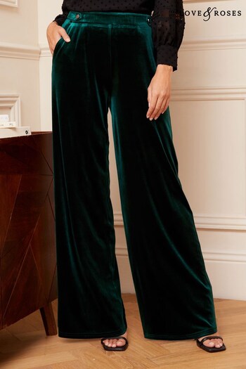 Love & Roses Forest Green Velvet Side Button Tag Wide Leg Trousers (Q28509) | £34