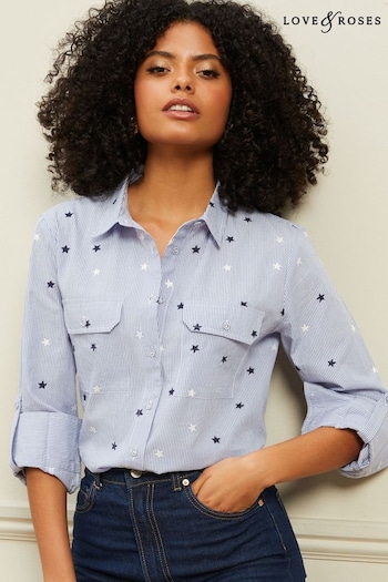 Kamiennobeżowy klasyczny T-shirt Blue and White Stars Patch Pocket Button Through Shirt (Q28702) | £32